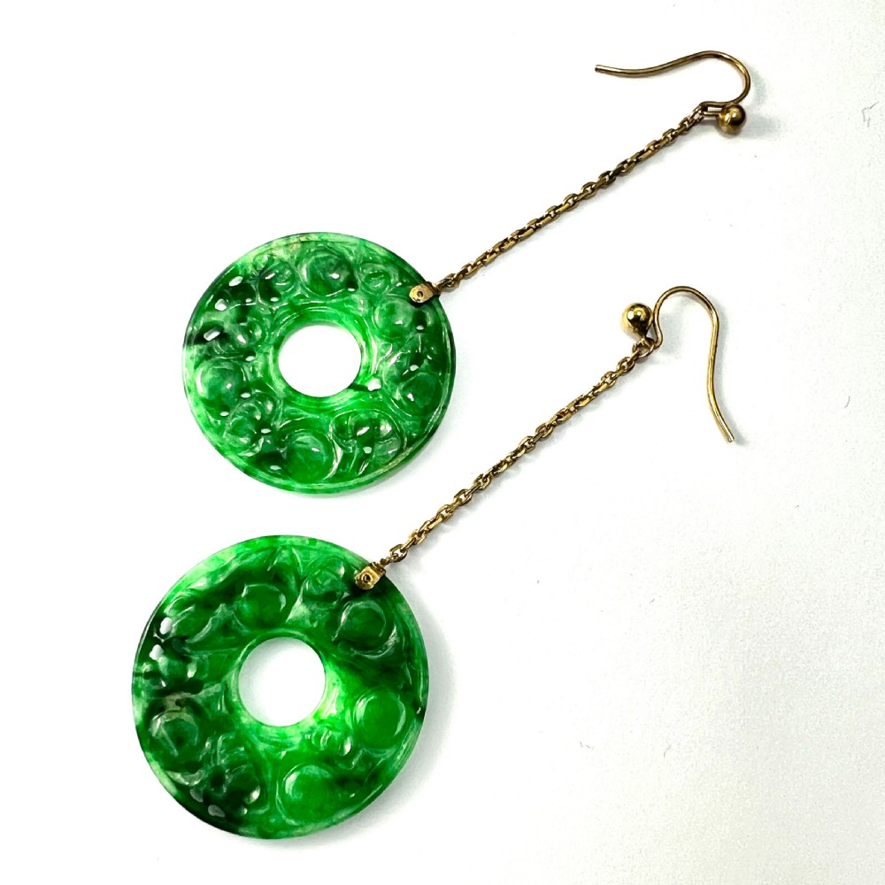 Edwardian Art Deco 9CT Gold Jade Chain Drop Earrings View III