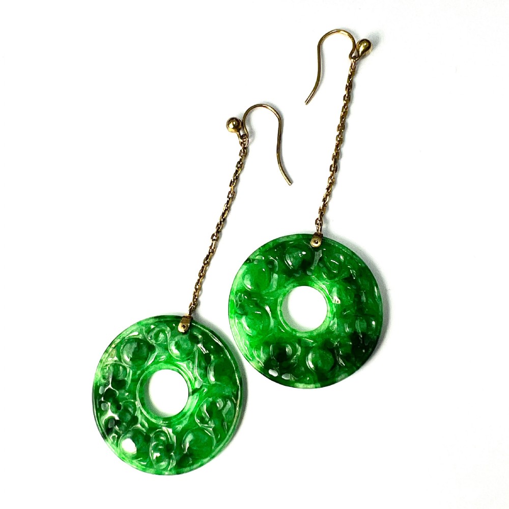 Edwardian Art Deco 9CT Gold Jade Chain Drop Earrings View V