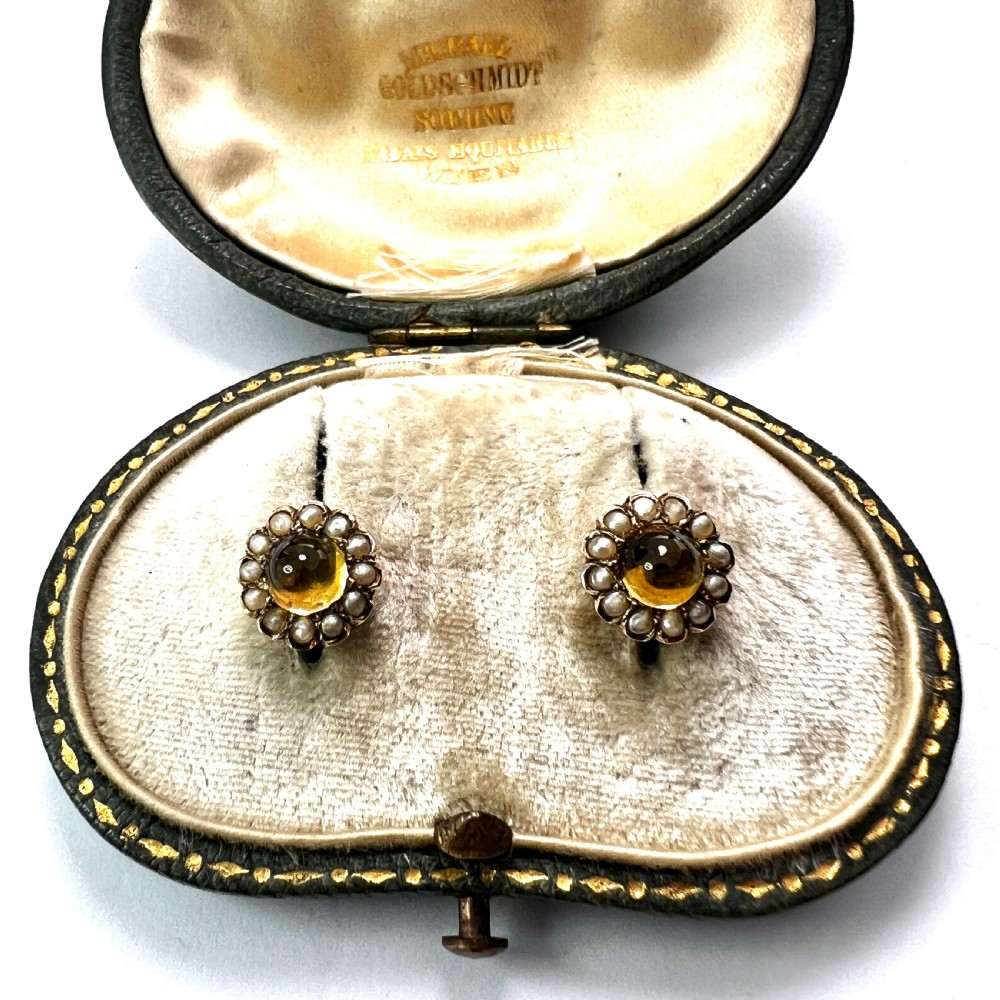 Antique Citrine and Pearl Halo Gold Stud Earrings