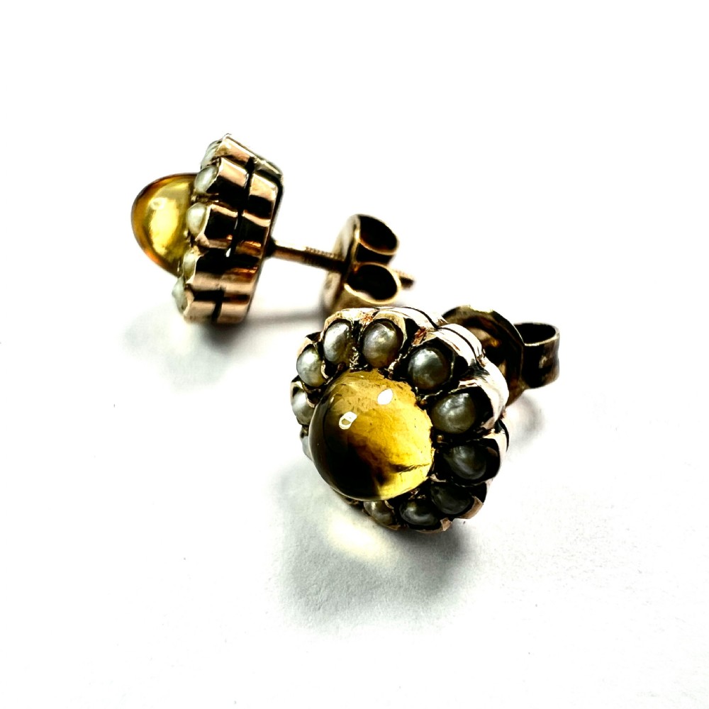 Antique Citrine and Pearl Halo Gold Stud Earrings View III