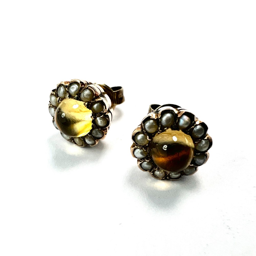 Antique Citrine and Pearl Halo Gold Stud Earrings View IV