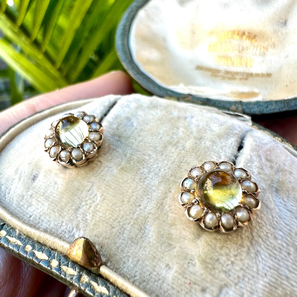 Antique Citrine and Pearl Halo Gold Stud Earrings View IX
