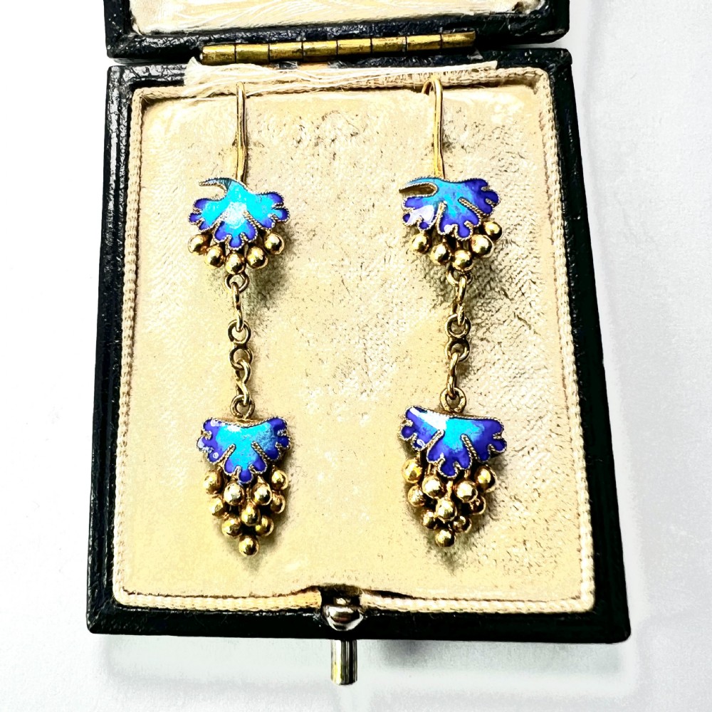 Antique Silver Gilt Blue Enamel Grape Earrings