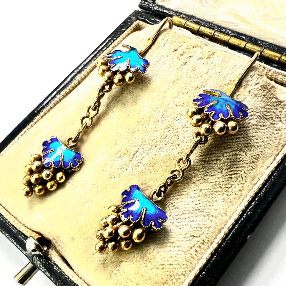 Antique Silver Gilt Blue Enamel Grape Earrings View II