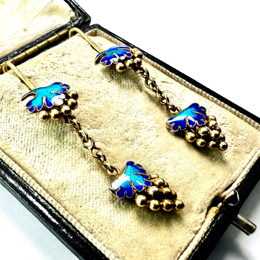 Antique Silver Gilt Blue Enamel Grape Earrings View III