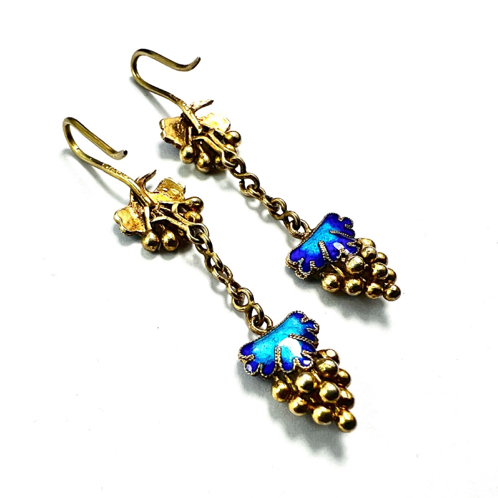 Antique Silver Gilt Blue Enamel Grape Earrings View IV