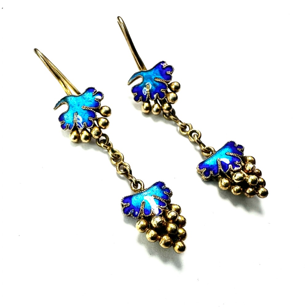Antique Silver Gilt Blue Enamel Grape Earrings View V