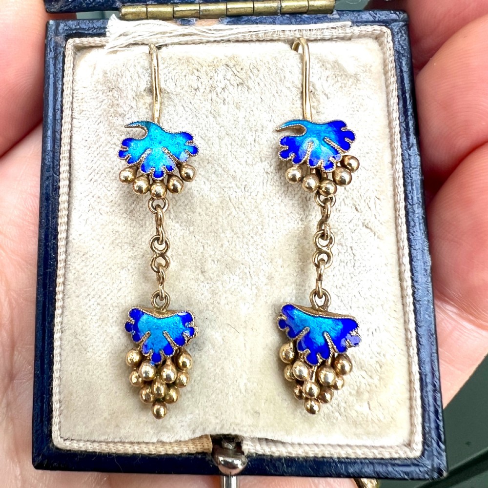 Antique Silver Gilt Blue Enamel Grape Earrings View VII