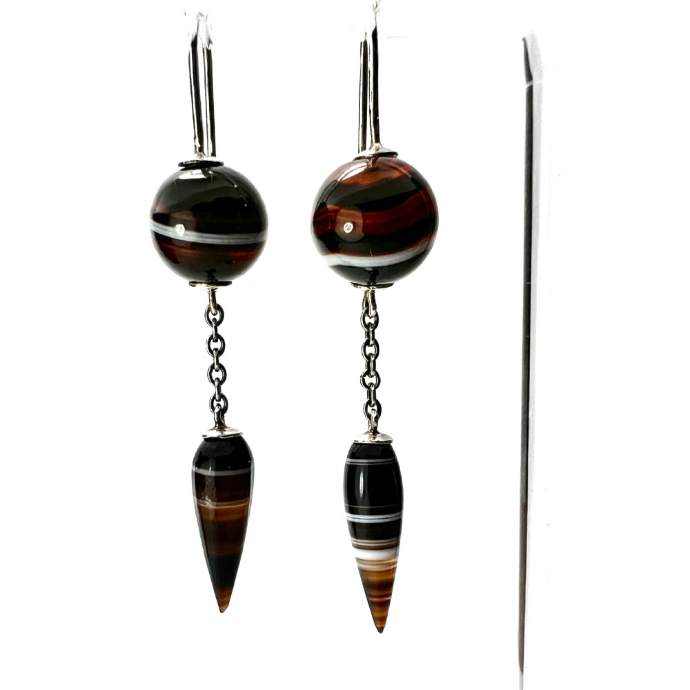 Victorian Scottish Banded Agate Torpedo Drop Silver Earrings View II