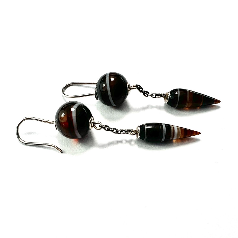 Victorian Scottish Banded Agate Torpedo Drop Silver Earrings View III
