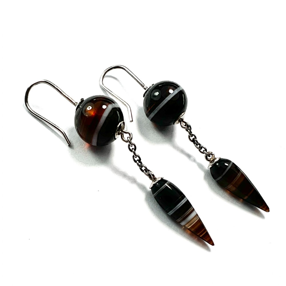 Victorian Scottish Banded Agate Torpedo Drop Silver Earrings View IV