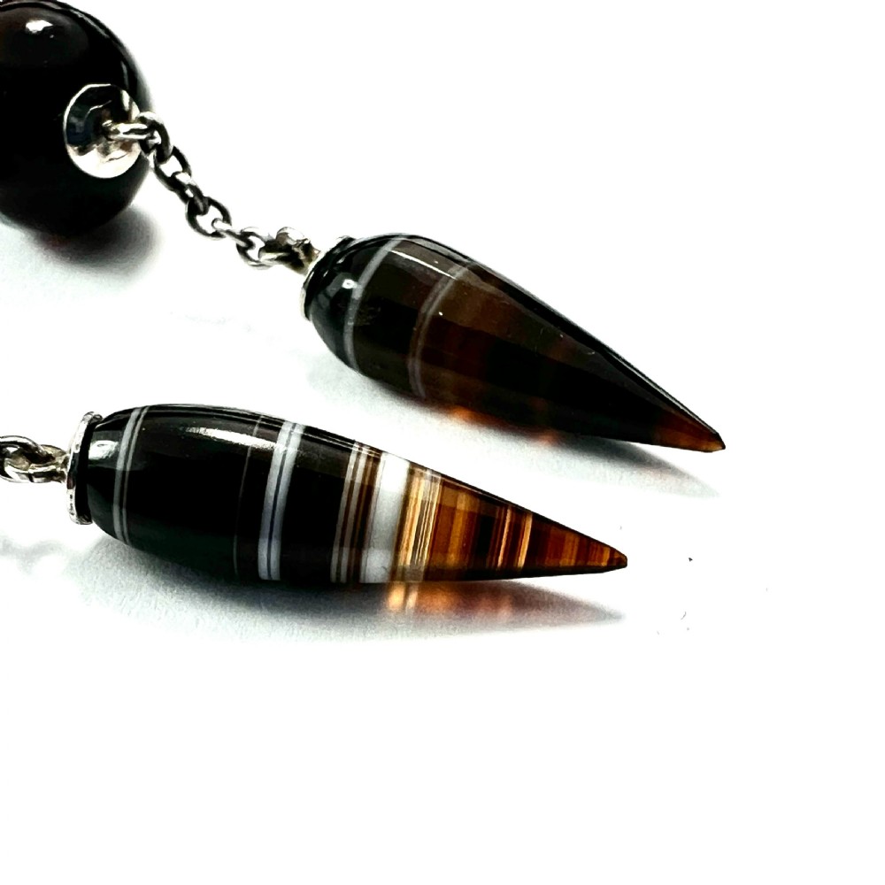 Victorian Scottish Banded Agate Torpedo Drop Silver Earrings View V