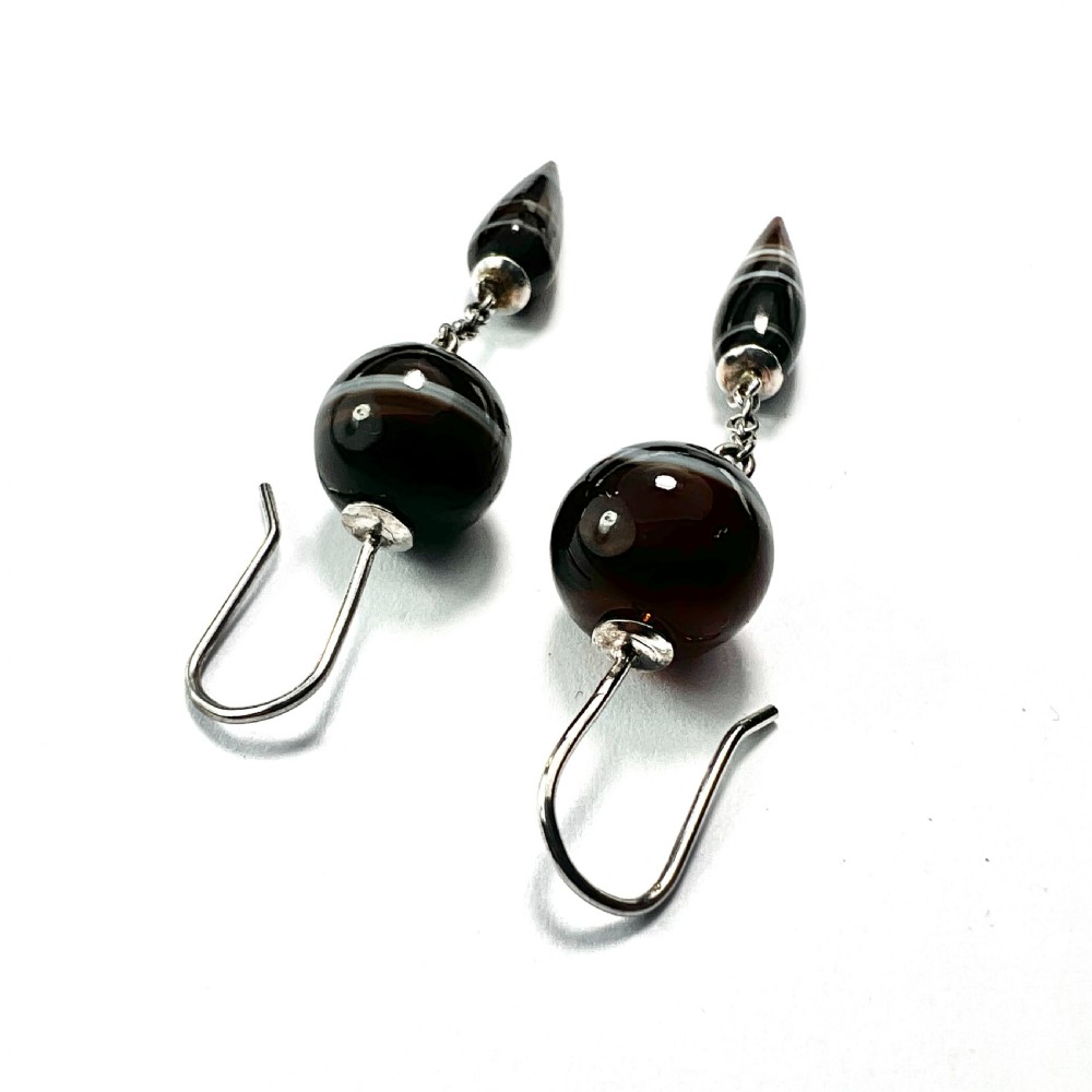 Victorian Scottish Banded Agate Torpedo Drop Silver Earrings View VI