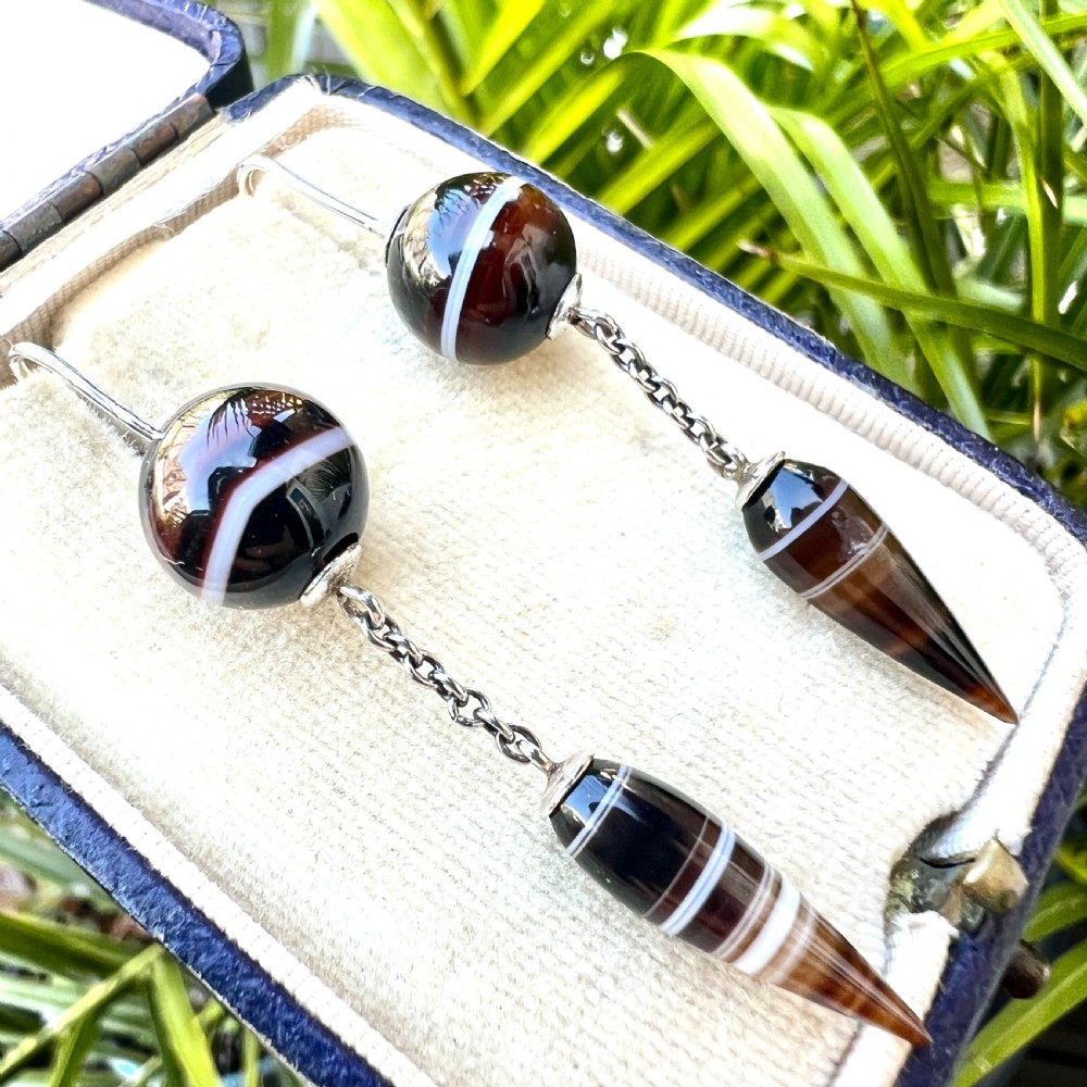 Victorian Scottish Banded Agate Torpedo Drop Silver Earrings View VIII