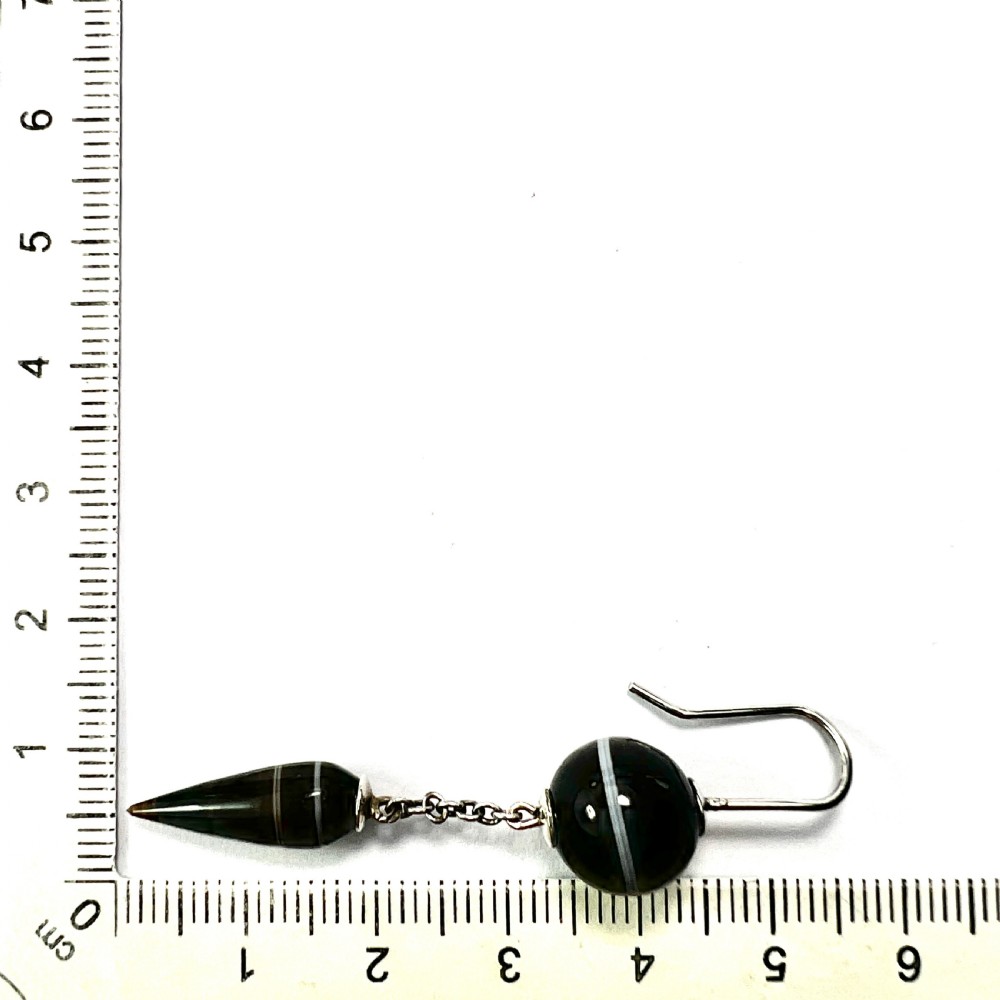 Victorian Scottish Banded Agate Torpedo Drop Silver Earrings View IX