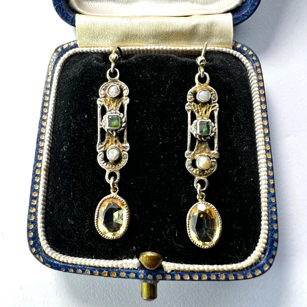 Austro Hungarian Emerald Citrine and Pearl Silver Earrings
