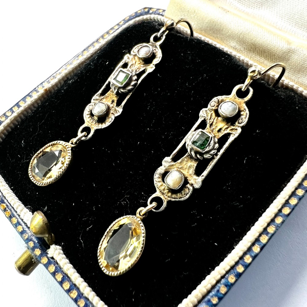 Austro Hungarian Emerald Citrine and Pearl Silver Earrings View II
