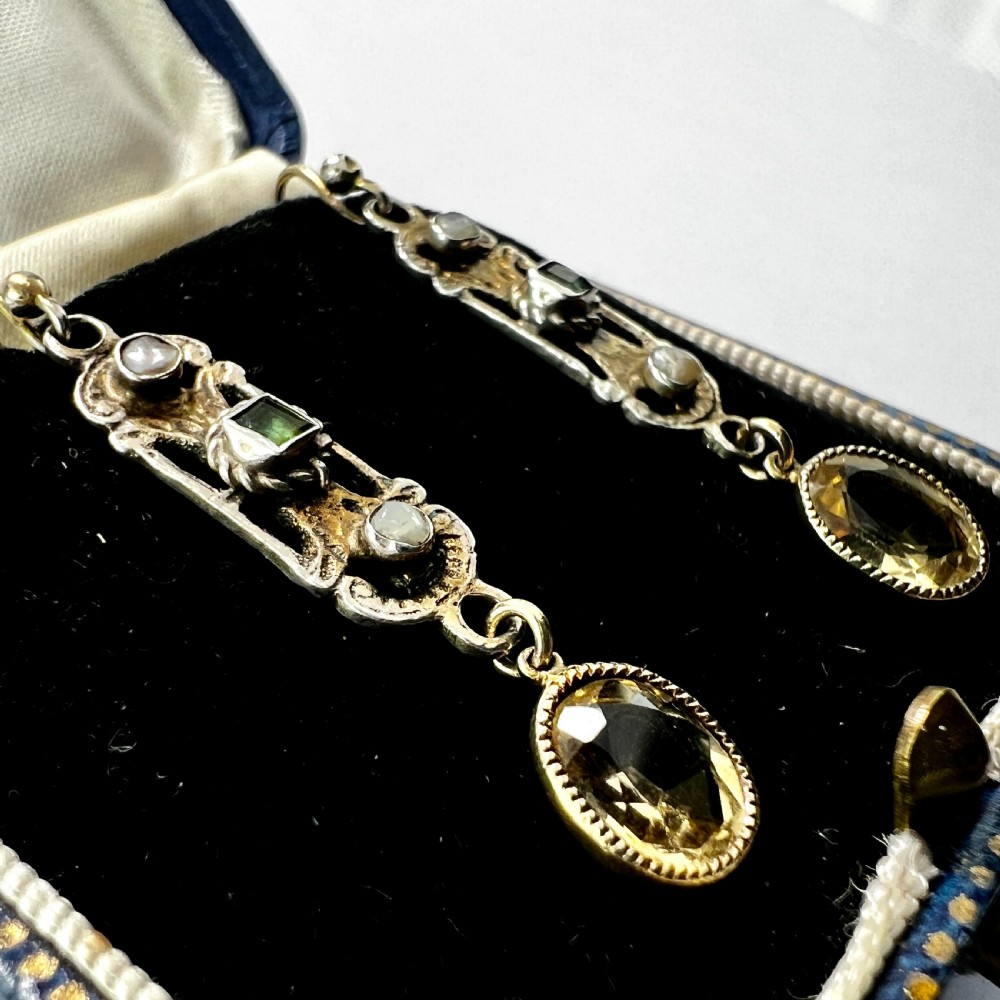 Austro Hungarian Emerald Citrine and Pearl Silver Earrings View III