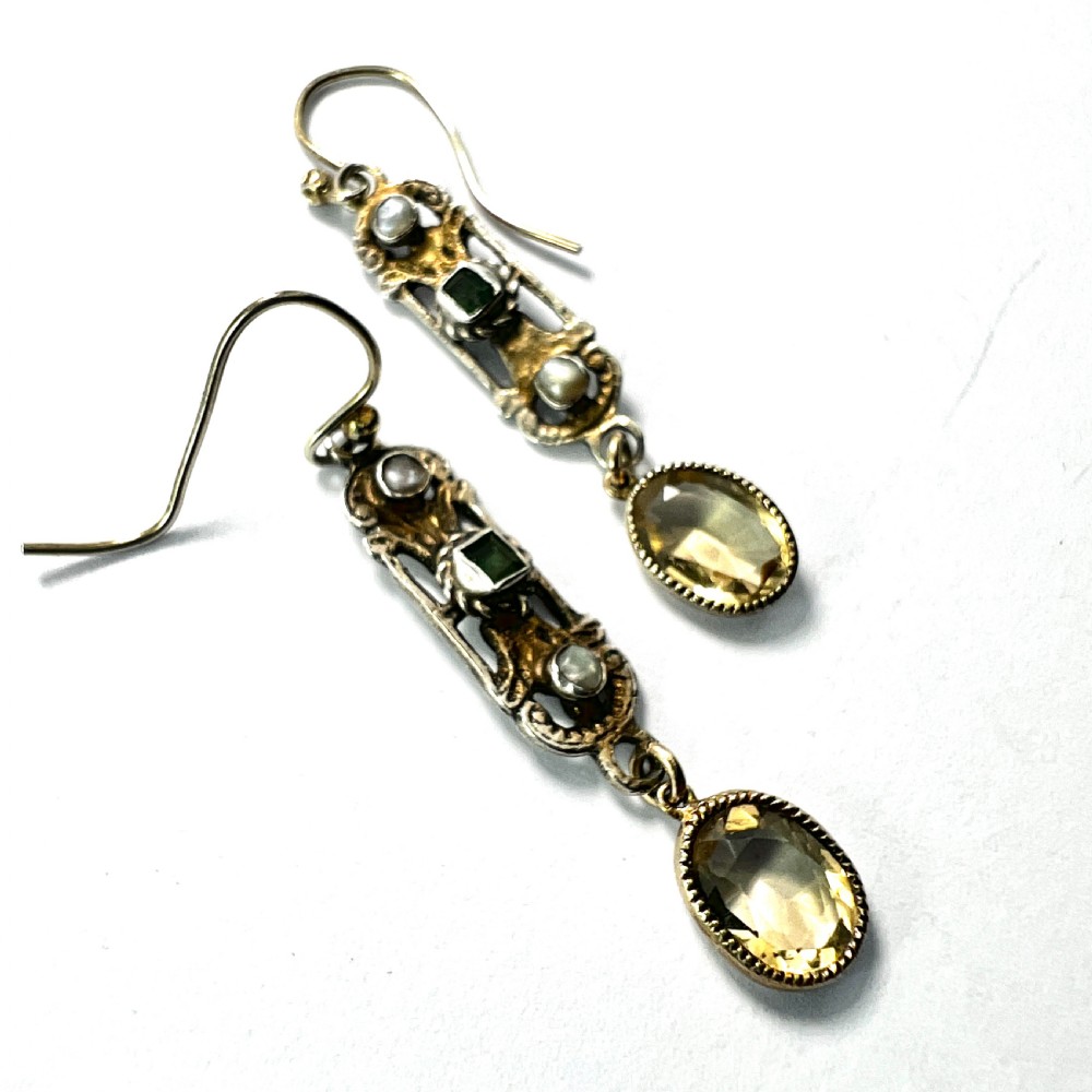 Austro Hungarian Emerald Citrine and Pearl Silver Earrings View IV