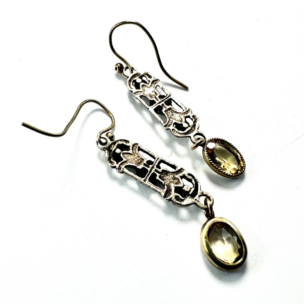 Austro Hungarian Emerald Citrine and Pearl Silver Earrings View V
