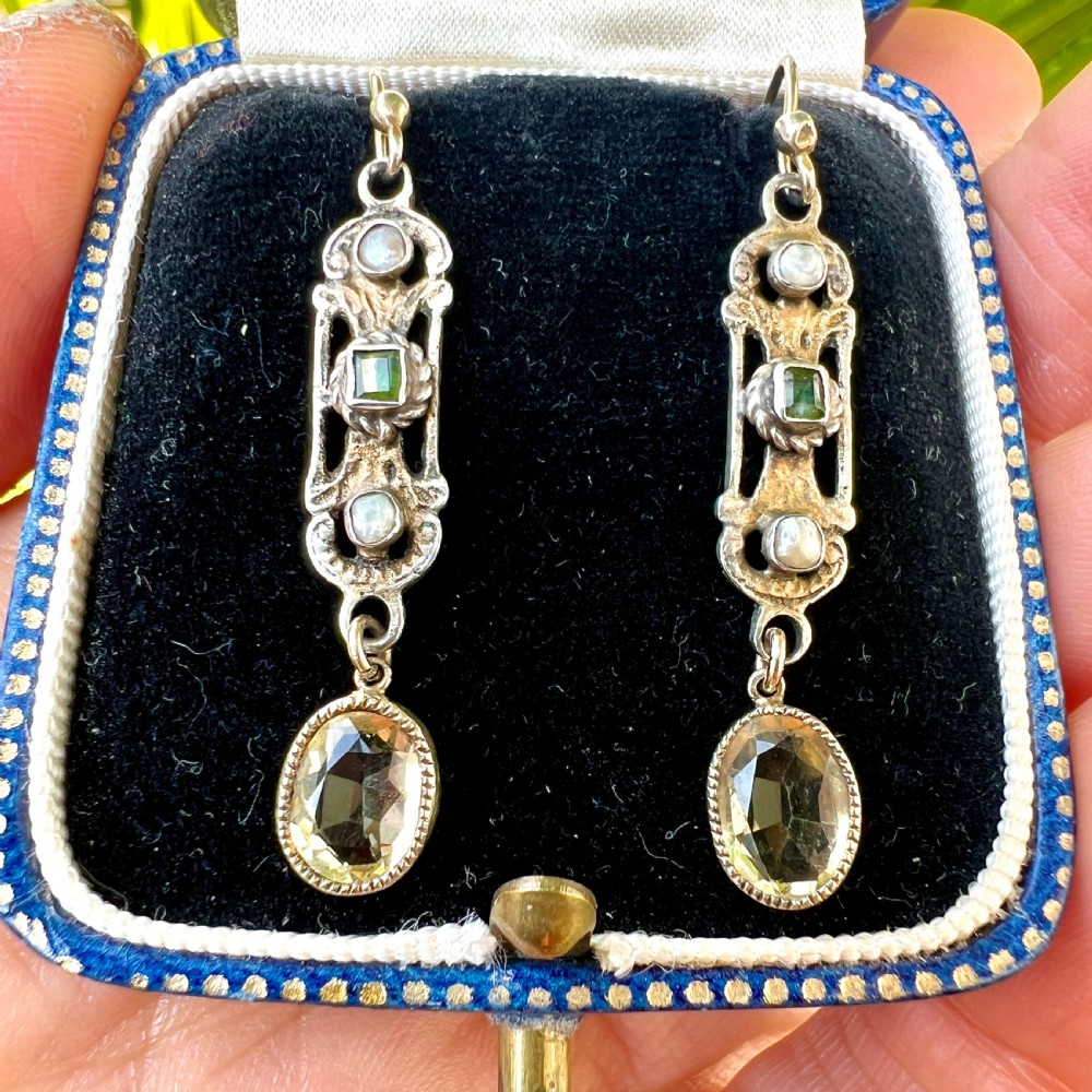 Austro Hungarian Emerald Citrine and Pearl Silver Earrings View VII