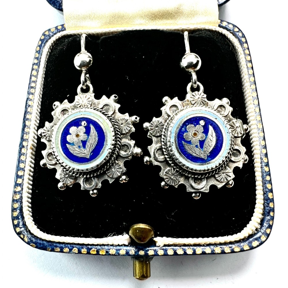 Victorian Silver Enamelled Forget me Not Earrings
