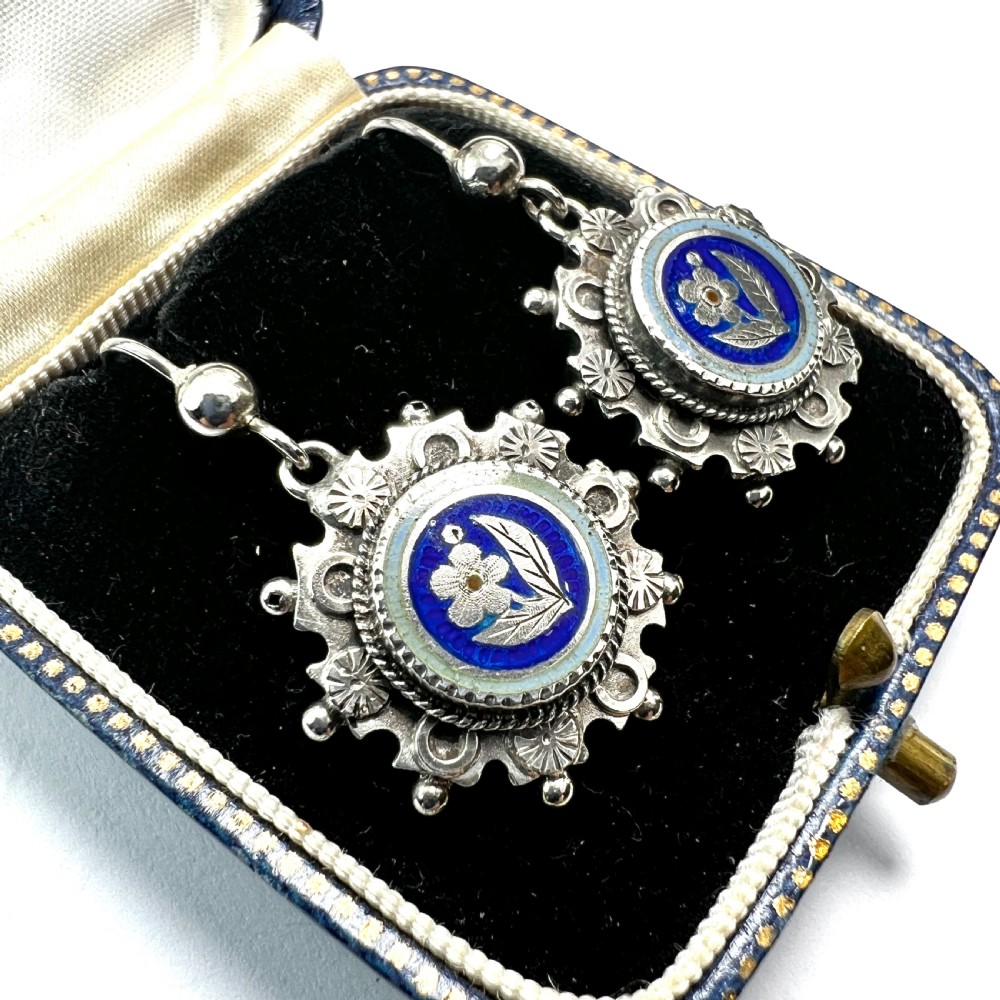 Victorian Silver Enamelled Forget me Not Earrings View II