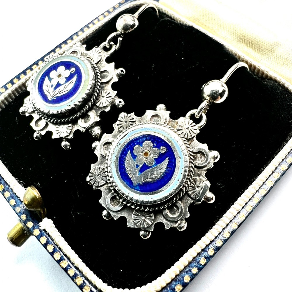 Victorian Silver Enamelled Forget me Not Earrings View III