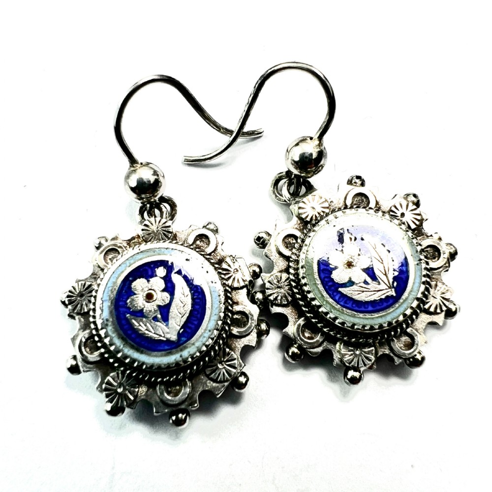 Victorian Silver Enamelled Forget me Not Earrings View IV