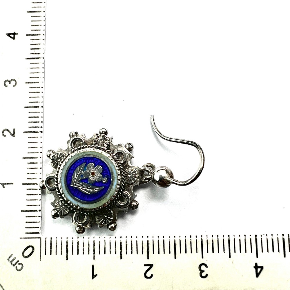 Victorian Silver Enamelled Forget me Not Earrings View VI