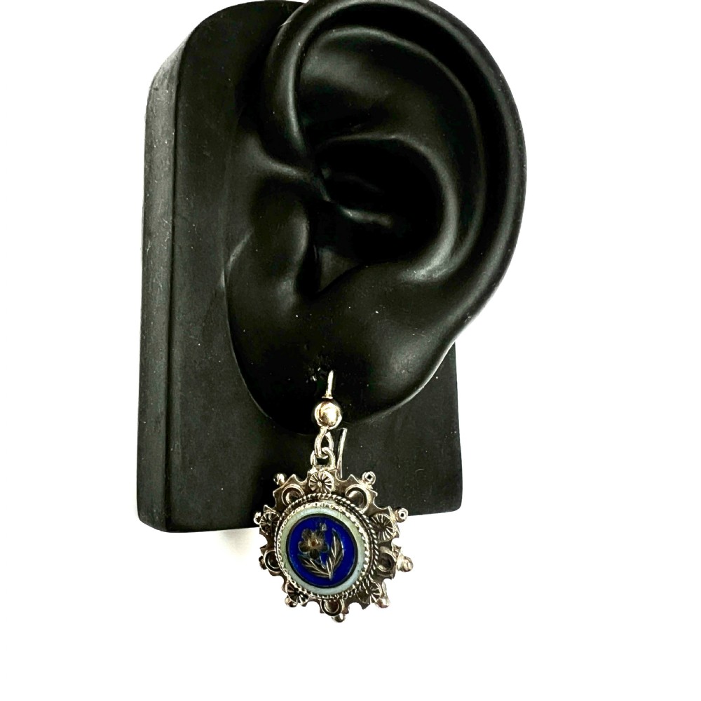 Victorian Silver Enamelled Forget me Not Earrings View VII