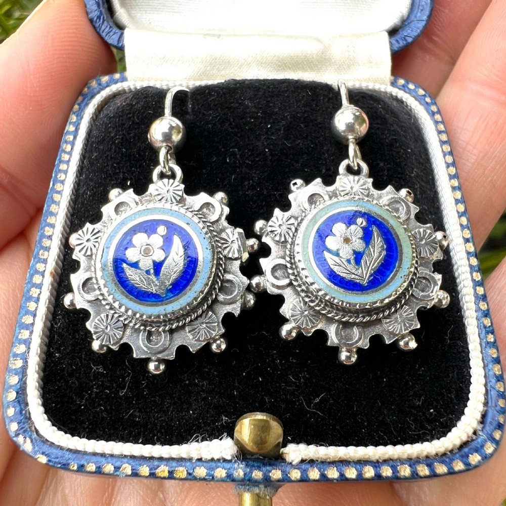 Victorian Silver Enamelled Forget me Not Earrings View VIII