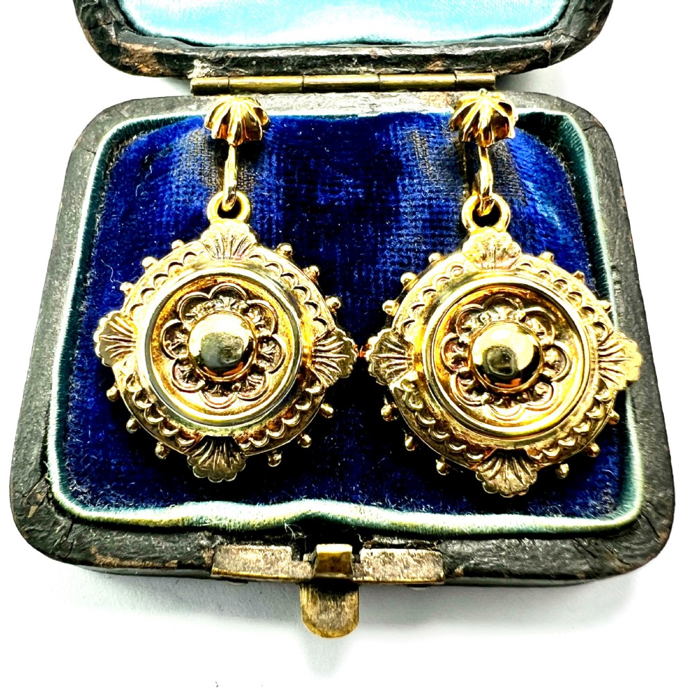 Ornate 1881 Victorian Silver Gilt Drop Earrings