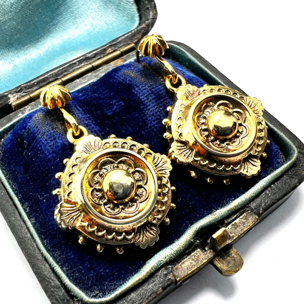 Ornate 1881 Victorian Silver Gilt Drop Earrings View II