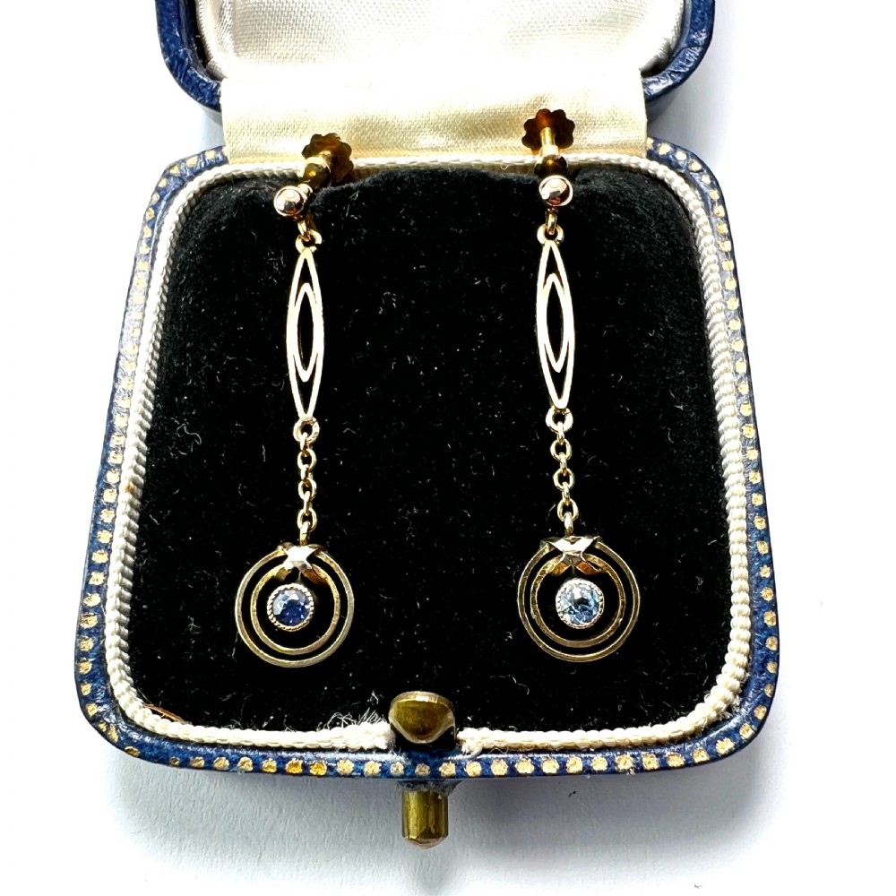 • Antique 9CT Gold Drop Screwback Earrings with Blue Stones