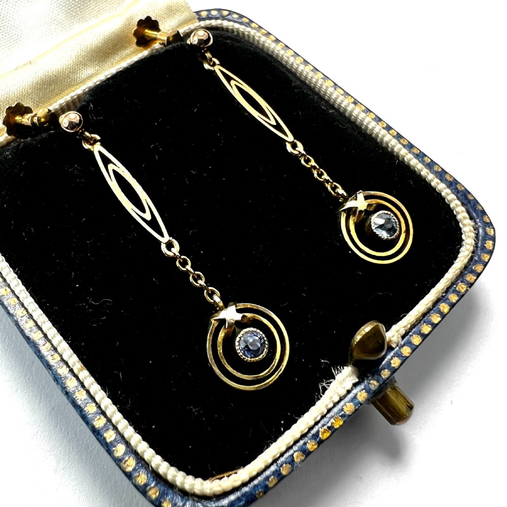 • Antique 9CT Gold Drop Screwback Earrings with Blue Stones View II