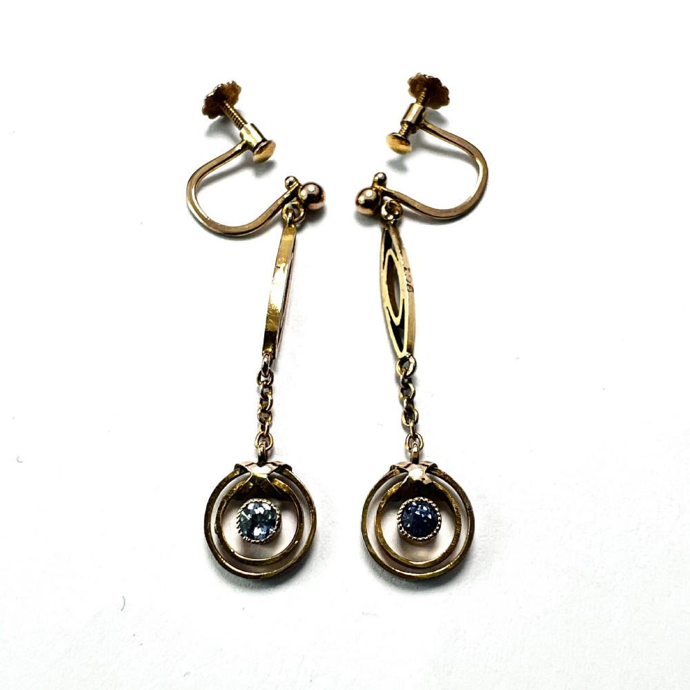 • Antique 9CT Gold Drop Screwback Earrings with Blue Stones View III