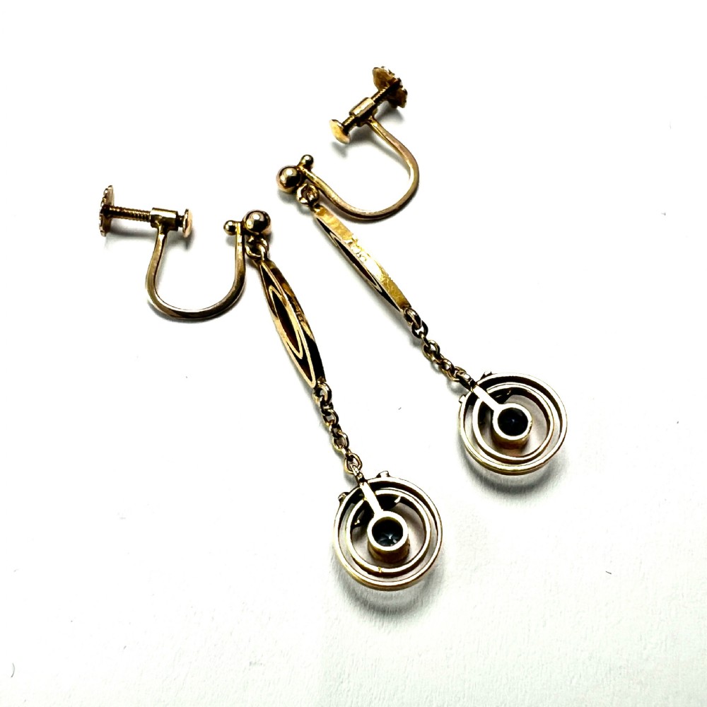 • Antique 9CT Gold Drop Screwback Earrings with Blue Stones View V