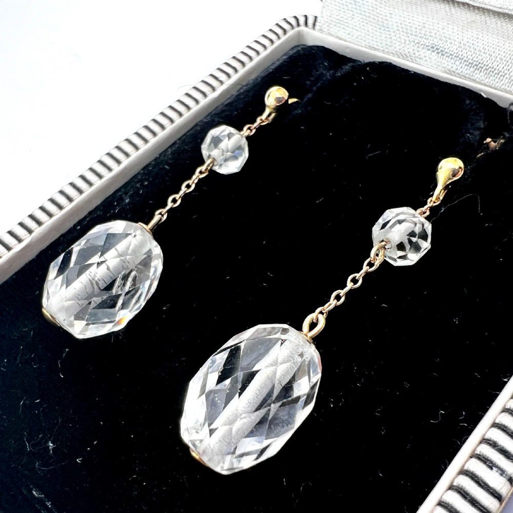 • Antique 9CT Gold Crystal Chain Drop Earrings View II