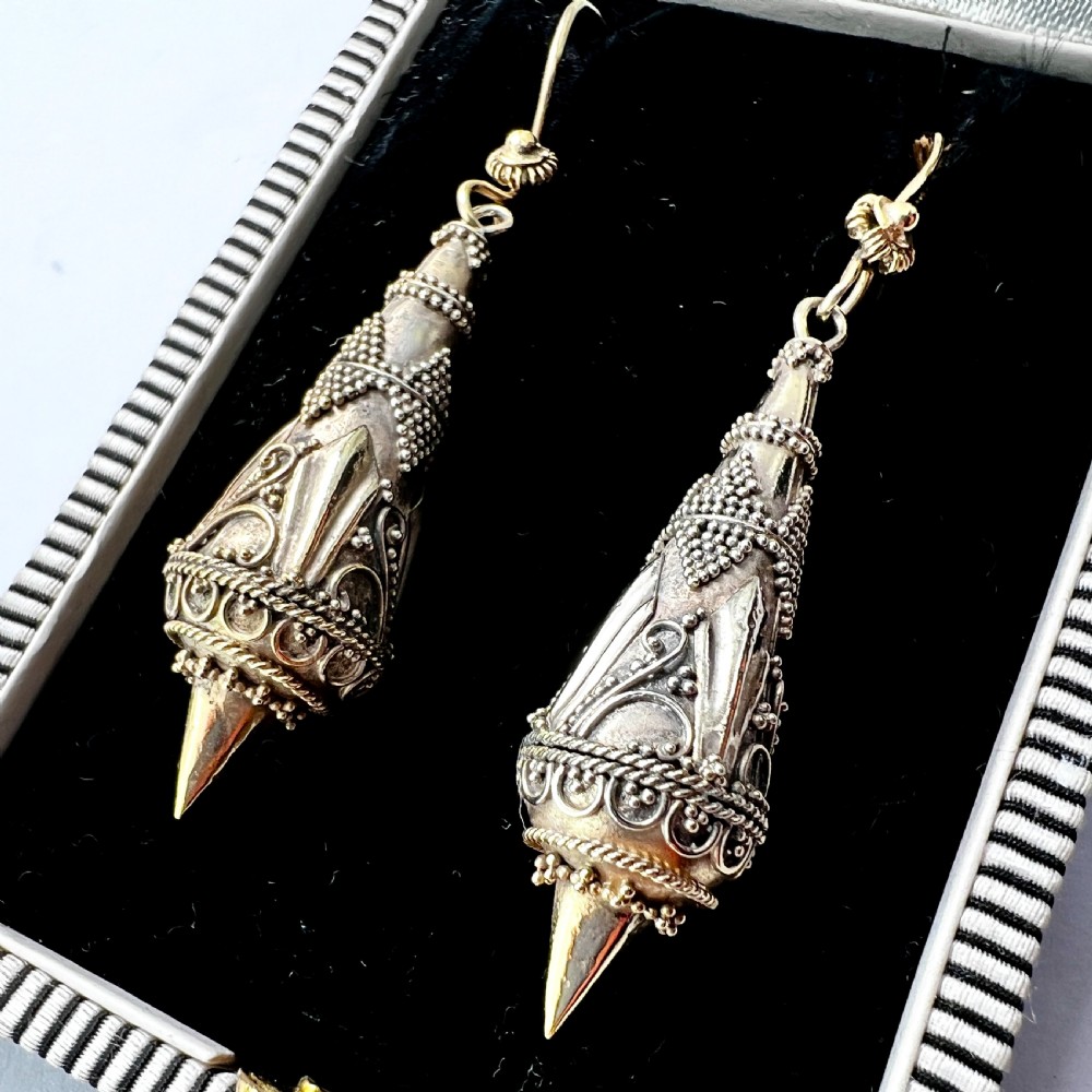 Victorian Silver Gilt Etruscan Torpedo Earrings View II