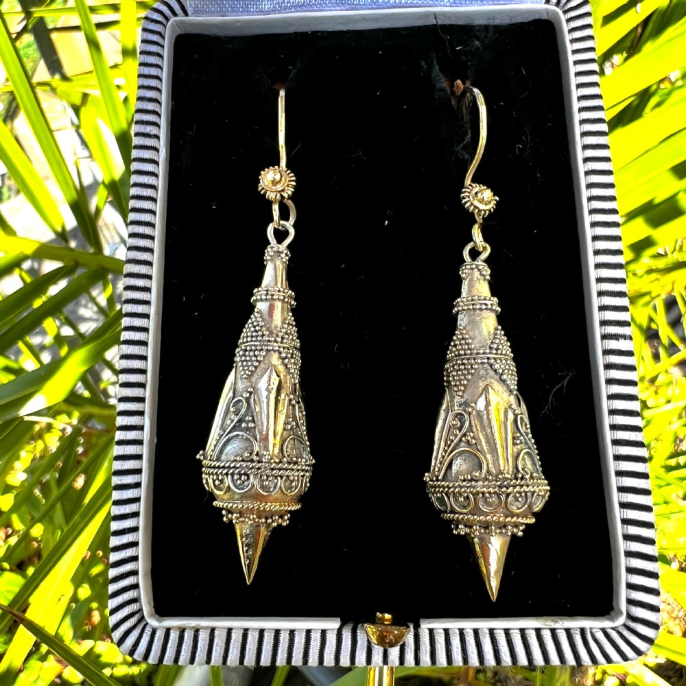 Victorian Silver Gilt Etruscan Torpedo Earrings View X