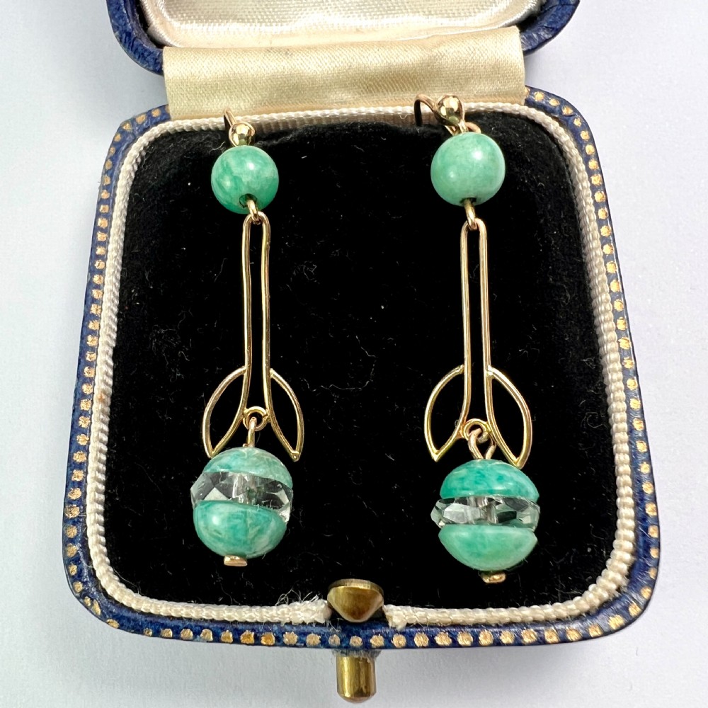 • Art Deco 9CT Gold Aqua Crystal Egg Earrings