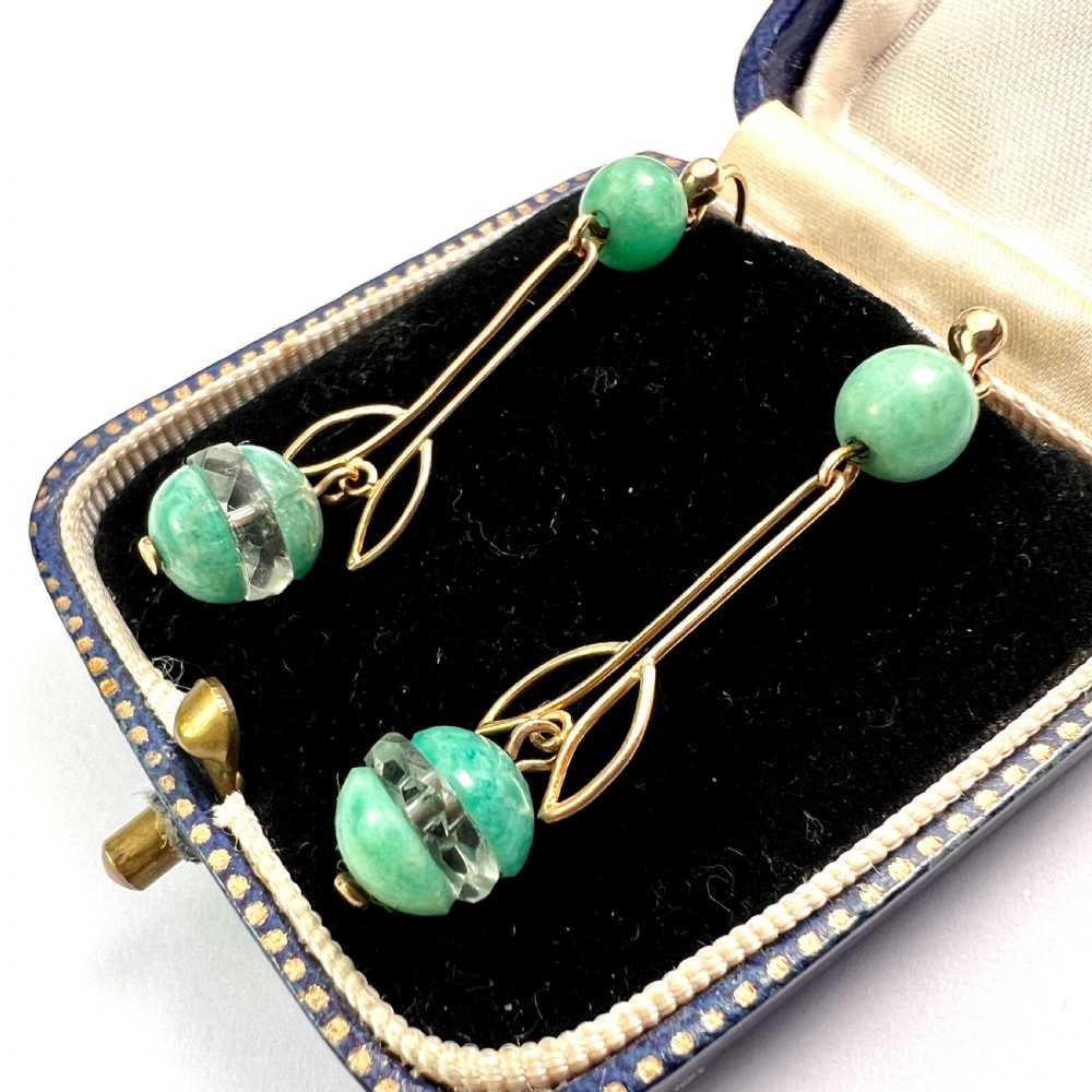 • Art Deco 9CT Gold Aqua Crystal Egg Earrings View II