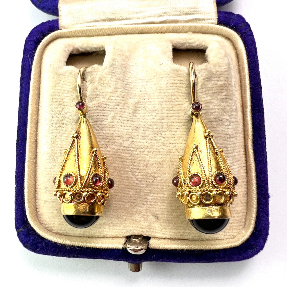 Victorian Garnet Etruscan Golden Teardrop Earrings