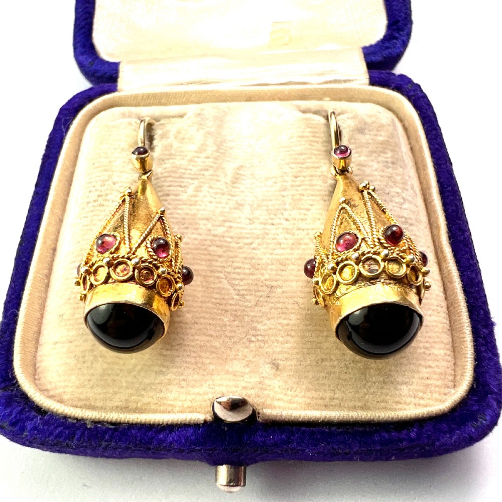 Victorian Garnet Etruscan Golden Teardrop Earrings View II
