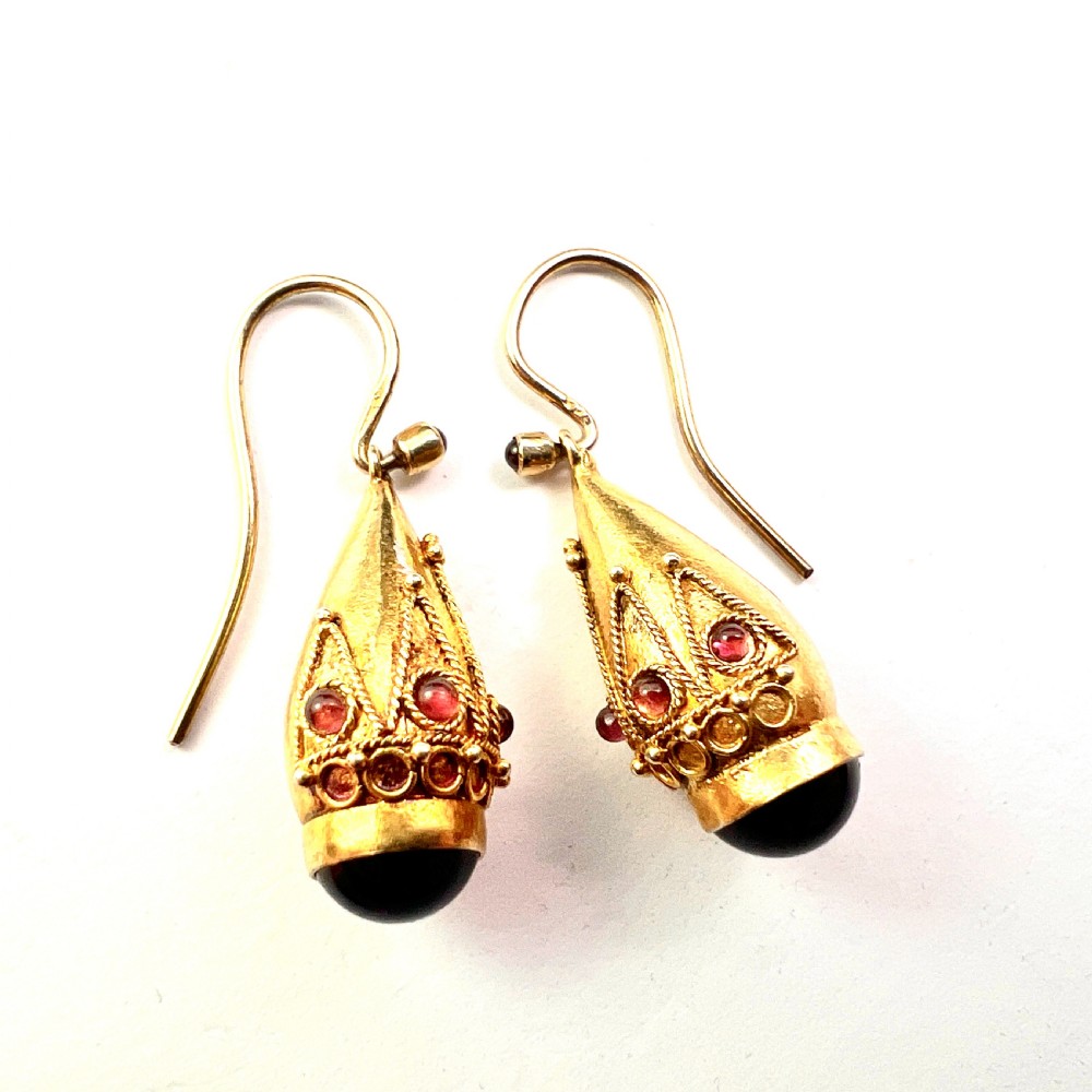 Victorian Garnet Etruscan Golden Teardrop Earrings View III