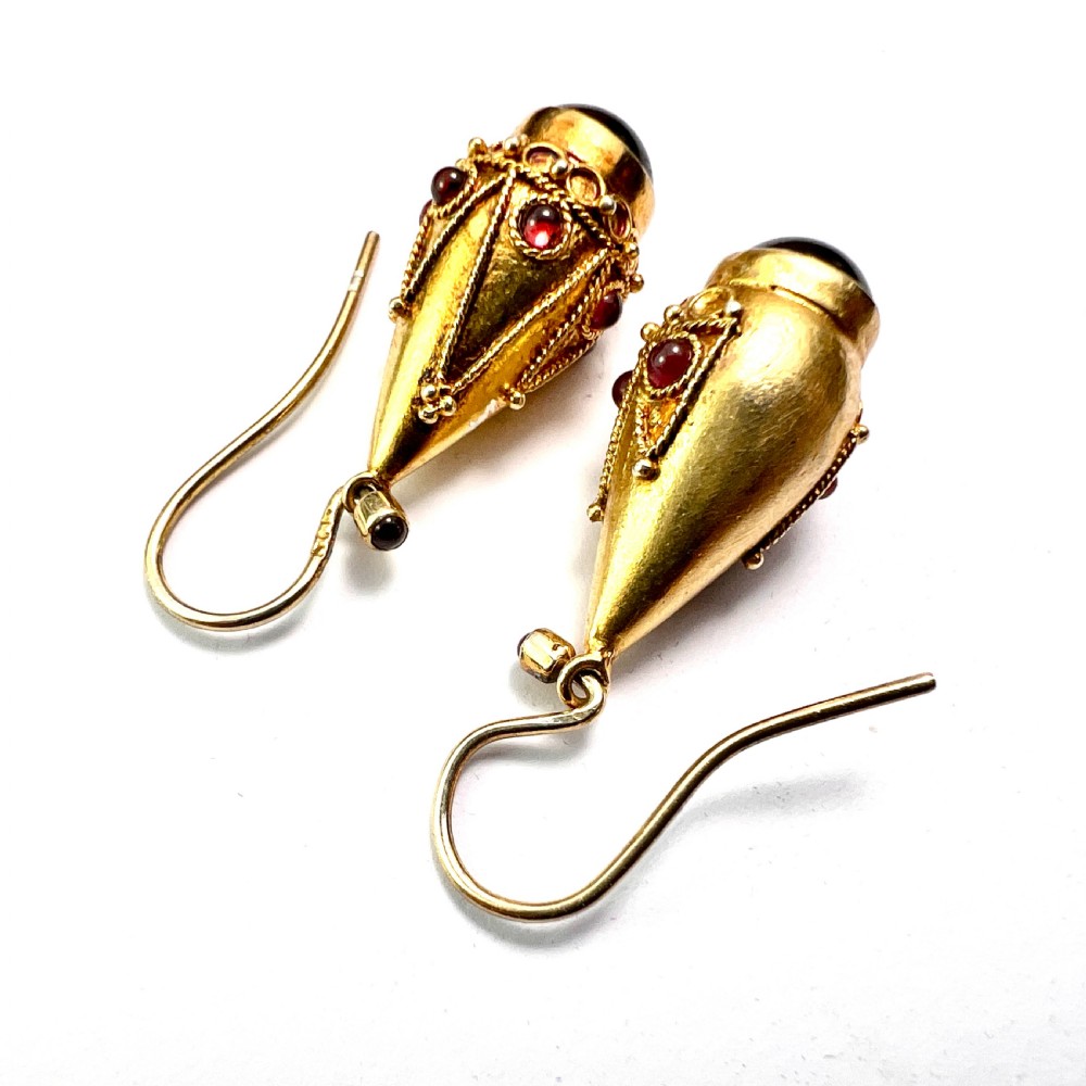 Victorian Garnet Etruscan Golden Teardrop Earrings View IV