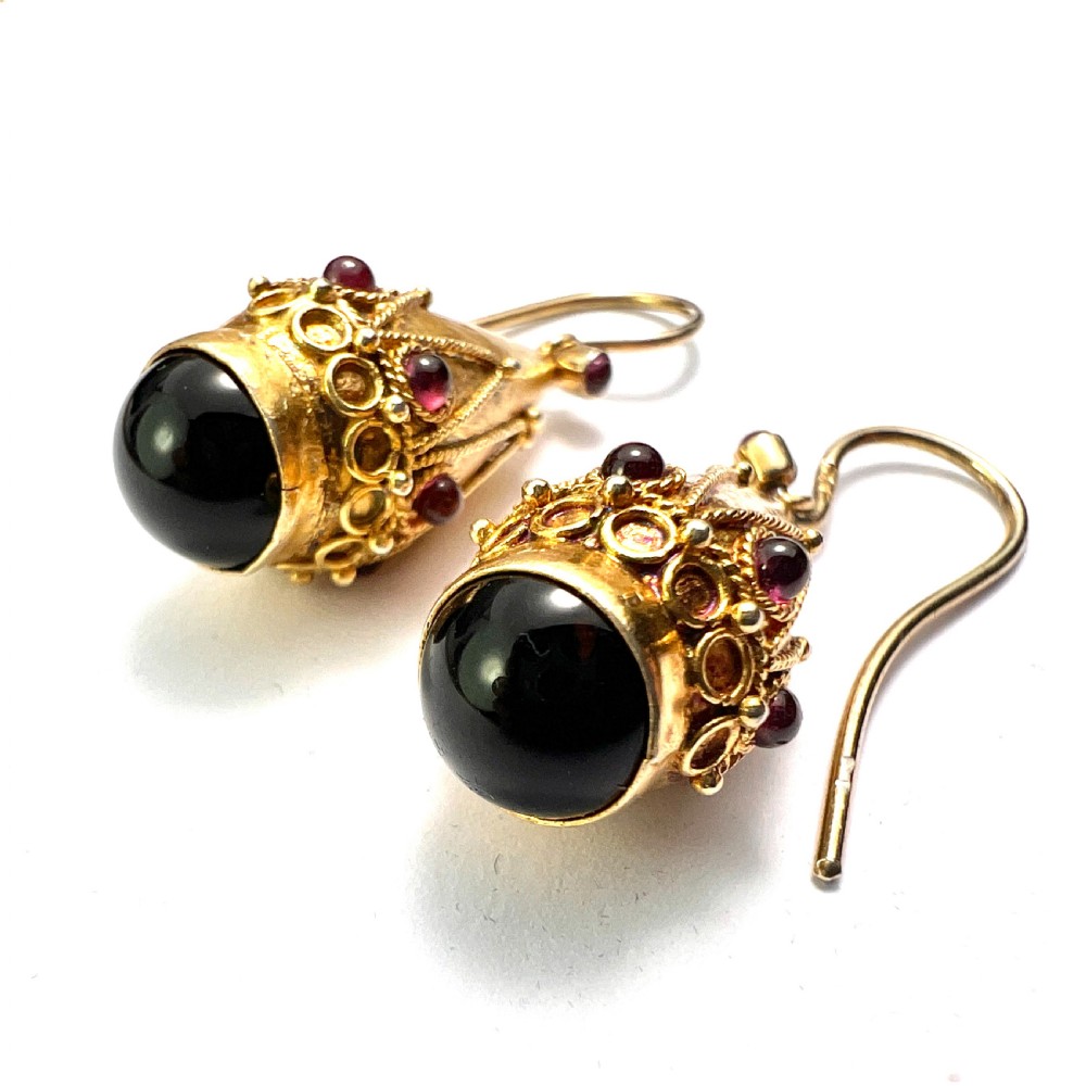 Victorian Garnet Etruscan Golden Teardrop Earrings View V