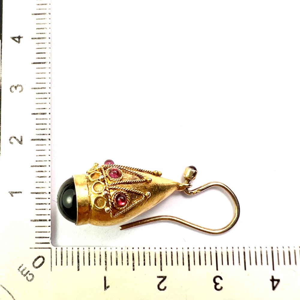 Victorian Garnet Etruscan Golden Teardrop Earrings View VI