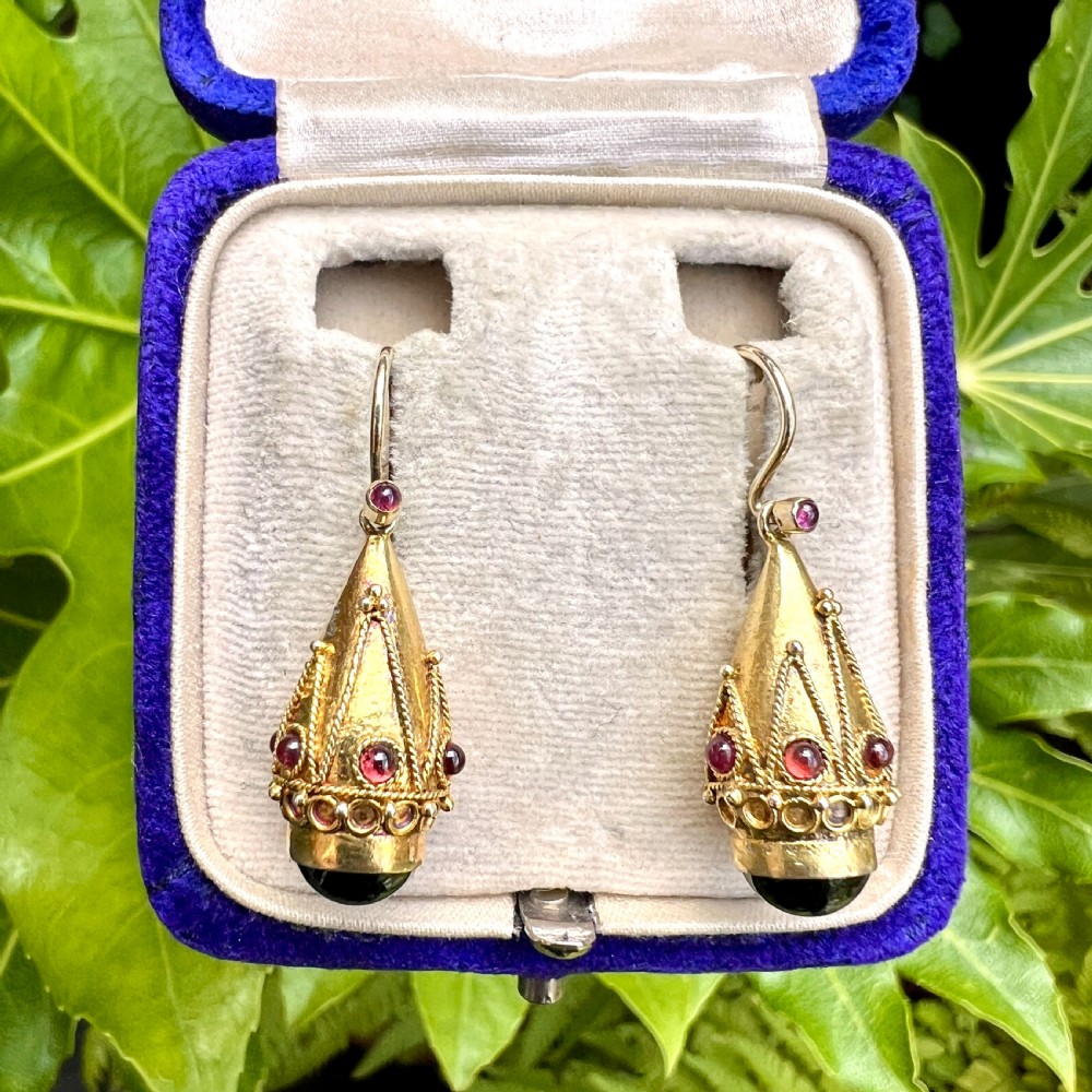 Victorian Garnet Etruscan Golden Teardrop Earrings View VII